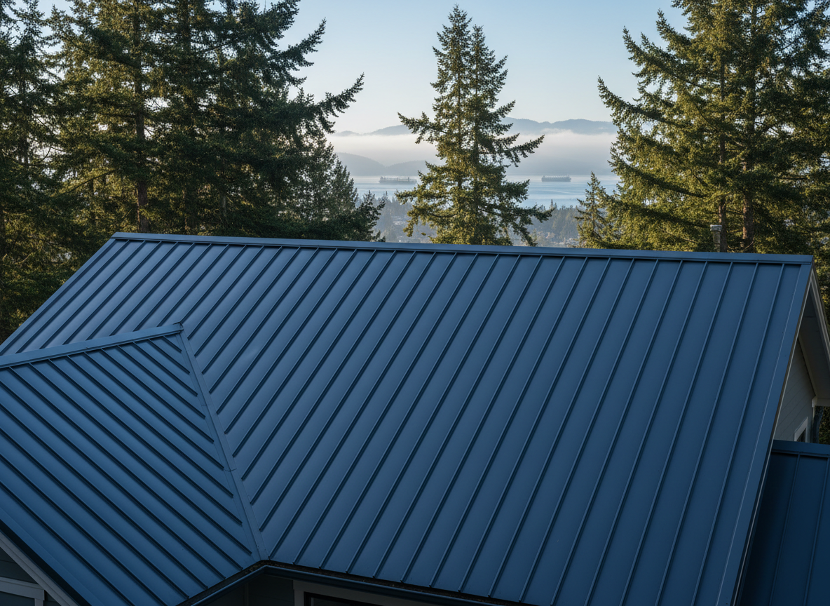 A sturdy standing-seam metal roof in matte deep blue-grey on a modern coastal home, with tall Douglas firs and a hint of misty Victoria harbor in the far distance. Each vertical seam runs perfectly straight from ridge to eave, with matching color-matched fasteners and crisp flashing around a low-profile vent. Early morning coastal light provides a cool, soft illumination that glides across the metal panels, creating subtle reflections and long, gentle shadows. Shot from a slightly low angle looking up toward the ridge, emphasizing strength and weather resistance. Photographic realism with sharp focus throughout, clean lines, and a calm, confident atmosphere, highlighting the roof’s longevity and suitability for a rainy, coastal environment.