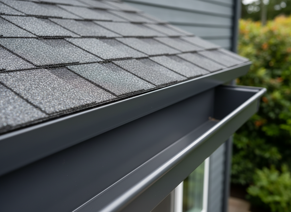 A close-up, highly detailed view of a new laminated shingle roof meeting a precisely formed, seamless aluminum gutter system in satin charcoal grey. The camera is positioned near the roof edge, capturing the granulated shingle texture, perfectly aligned drip edge, and leaf-free gutter channel with its subtle inner ribbing. Soft overcast daylight from Victoria’s coastal climate provides diffused, even lighting with minimal harsh shadows, emphasizing the craftsmanship and clean lines. The background falls into a gentle bokeh of muted siding and greenery, focusing attention on the roofing and gutter junction. Photographic realism with a professional, technical mood, ideal for showcasing quality materials and expert installation in a clean, modern composition.
