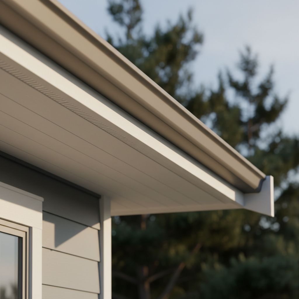 A pristine white soffit and fascia system paired with a smooth, continuous aluminum gutter in a soft graphite finish, running along the edge of a freshly roofed home exterior. The soffit panels show subtle vent perforations in a precise, linear pattern, while the fascia boards are perfectly straight and free of defects. Gentle late-afternoon sunlight washes across the surfaces, creating delicate shadows under the eaves and a slight metallic sheen along the gutter lip. Shot at an upward, three-quarter angle that captures the full eave detail against a softly blurred background of grey-blue siding and evergreen branches. Photographic realism with a clean, modern aesthetic, projecting a mood of careful craftsmanship and long-term protection from Victoria’s frequent rain.