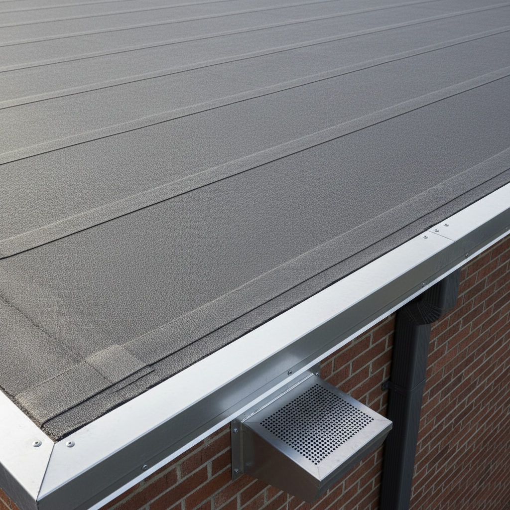 A detailed close-up of a flat torch-on membrane roof on a low-slope commercial building, showing perfectly welded seams, cleanly installed edge metal, and a robust internal drainage scupper tied into a neatly aligned downspout. The rooftop surface has a subtle, fine-grit texture in dark grey, with no ponding water or debris. Soft, diffused late-morning light under an overcast Victoria sky ensures uniform brightness and clearly visible surface detail. The camera angle is slightly elevated and diagonal to the seams, emphasizing the precision and straightness of each line. Photographic realism with a clean, technical, and professional atmosphere, ideal for conveying reliability and weatherproof performance for commercial and flat-roof applications.