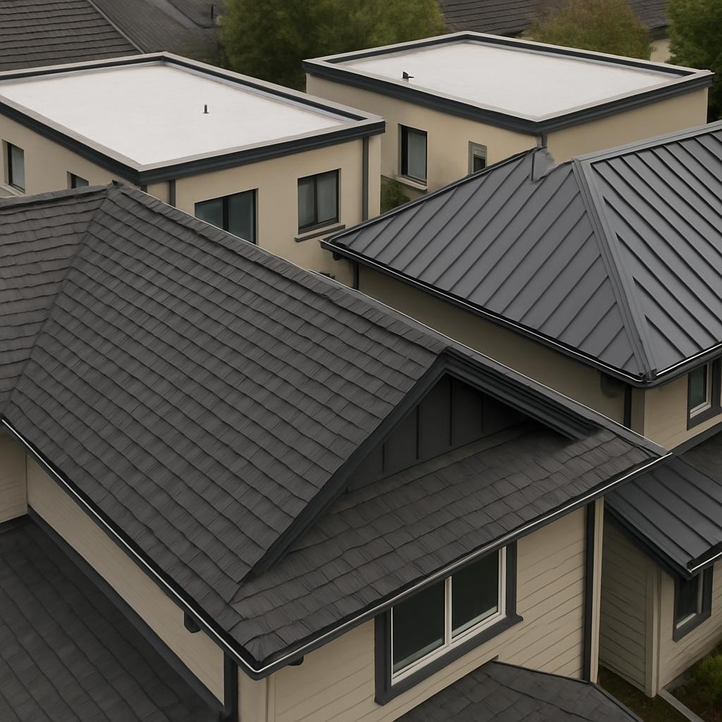 An overhead, bird’s-eye photographic view of multiple neighboring homes in a Victoria residential area, each with different professionally installed roofing systems: architectural shingles, metal roofing, and flat membrane roofs with neat parapets. Seamless gutters and downspouts in coordinated colors trace along the roof edges, clearly visible against light and dark fascia boards. Soft midday overcast light typical of the Pacific Northwest provides even illumination with minimal contrast, making details easy to see. The composition emphasizes order and reliability, with roofs forming a geometric pattern of lines and shapes. Photographic realism, sharp focus across the entire scene, and a professional, informative mood that demonstrates a wide range of roofing and exterior solutions suited to the local climate.